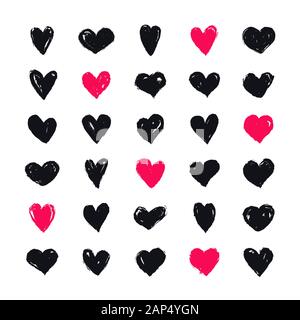 Hearts painted with brush. Vector hand drawn shapes isolated on a white background for love, wedding, Valentine's day or other romantic design. Set of Stock Vector