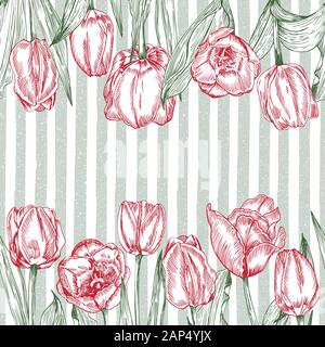 Greeting background with Spring flower tulips bouquet in red and green colors. Horizontal seamless pattern Stock Vector