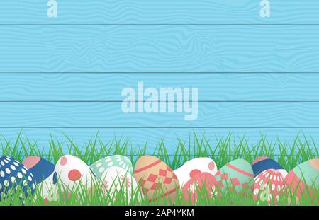 3D Happy Easter with Colorful Easter Eggs on grass field with wooden background. Vector illustration. Banner, backdrop, spring, poster. Stock Vector