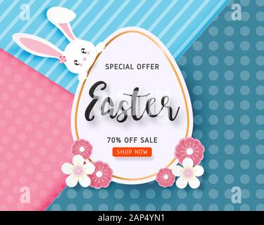 Happy Easter sale banner template with Easter egg and flower on background in paper cut style. Vector illustration. Poster, banner, flyer, backdrop, b Stock Vector