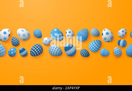 Modern happy Easter day with 3d Easter eggs in a row on background. Vector illustration. banner, poster, backdrop, wallpaper. Stock Vector