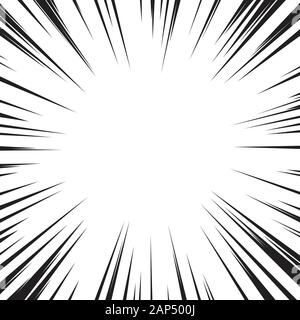 Comic book flash explosion speed radial lines on  white background. Bright black light strip burst. Vector illustration. Stock Vector