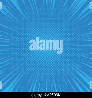 Comic book style background, halftone dots texture. Flash explosion radial lines. Pop art vector illustration Stock Vector