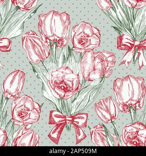 Greeting seamless with Spring flower tulips bouquet in red and green colors on blue background. Engraving drawing Vintage style Stock Vector