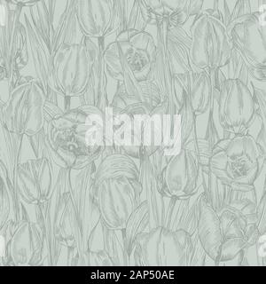 Greeting seamless with Spring flower tulips bouquet in gray green colors on blue background. Engraving drawing Vintage style Stock Vector