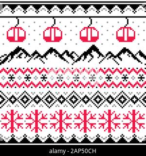 Winter sports in mountains, gondolas ski and snowboard vector seamless pattern -  Fair Isle style traditional knitwear Stock Vector
