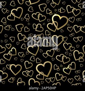 Seamless vector pattern with gold shining hearts on a black background Stock Vector