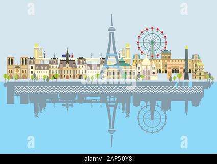Paris City Skyline with reflection in water. Colorful isolated vector illustration on blue background. Vector illustration of main landmarks of Paris, Stock Vector