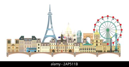 Panoramic Paris City Skyline. Colorful isolated vector illustration on white background. Vector illustration of main landmarks of Paris, France. Paris Stock Vector