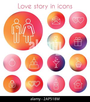 Love story in line icons Stock Vector