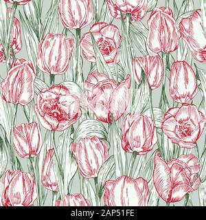 Greeting seamless with Spring flower tulips bouquet in red and green colors on blue background. Engraving drawing Vintage style Stock Vector