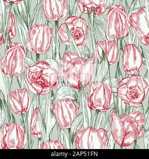 Greeting seamless with Spring flower tulips bouquet in red and green colors on blue background. Engraving drawing Vintage style Stock Vector