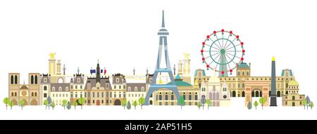Panoramic Paris City Skyline. Colorful isolated vector illustration on white background. Vector silhouette illustration of main landmarks of Paris, Fr Stock Vector