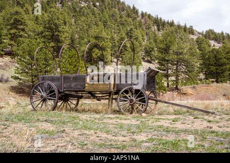 Horse drawn wagon in the Rocky Mountain National Park, Colorado Stock Photo