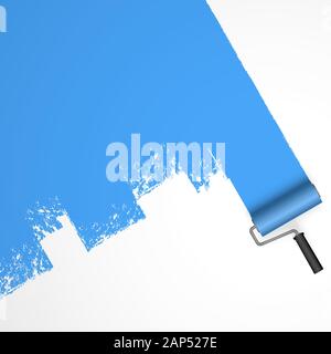 EPS 10 vector illustration isolated on white background with paint roller and painted marking colored blue Stock Vector