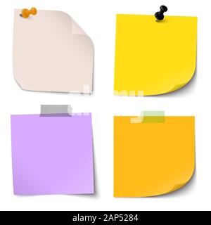 vector illustration of an collection of different sticky papers with pin needle or adhesive stripes office accessories Stock Vector