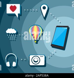 Smartphone icons geolocation message weather balloon camera headphones on isolated background. Vector image Stock Vector