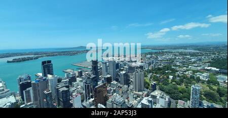 Viaduct Harbour, Auckland / New Zealand - December 13, 2019: The timelapse and general skyline of Auckland city, seen from the top of the landmark Sky Stock Photo