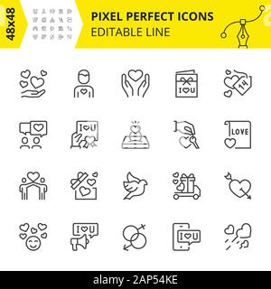 Scaled Icons - Romantic Day and Symbols of Love. Includes Dove, Happy, Key, Ring etc. Pixel Perfect 48x48, Editable Set. Vector. Stock Vector