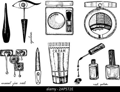 Makeup Tools Set. Doodle A collection of female tools and elements for a beauty salon. Hand drawn vintage engraved sketch outline. Blush and Stock Vector