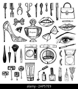 Makeup Tools Set. Doodle A collection of female tools and elements for a beauty salon. Hand drawn vintage engraved sketch outline. Eye, Lips, blush Stock Vector