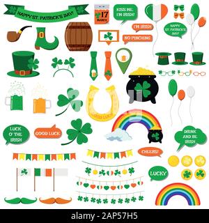 St. Patrick's day vector icons set isolated on white background. Flat cartoon style design element for party, sales, photo booth props: pot, coins, ra Stock Vector