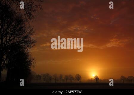 Bright Red Sunrise in Diessen, the Netherlands with Tree Silhouettes III Stock Photo