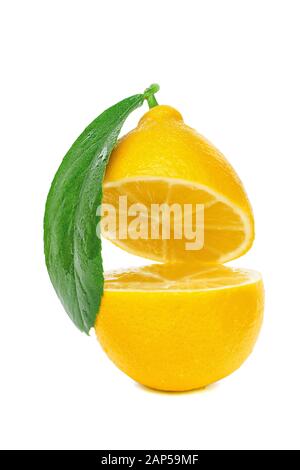 yellow lemon cut into two parts with a leaf isolated on a white background Stock Photo