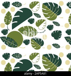Flat vector design seamless pattern - tropical leaves. Beautiful fern leaves and monsteras - botany style Stock Vector