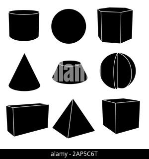 3d geometric shapes in black flat outlines Stock Vector