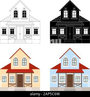 House set. Two-storey residential building with porch. Outline drawing and colored image Stock Vector