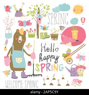 Set of cartoon animals and spring elements Stock Vector
