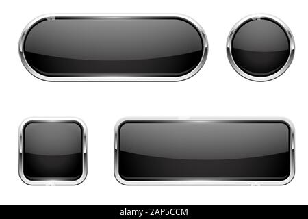 Web buttons. Black shiny icons with chrome frame Stock Vector