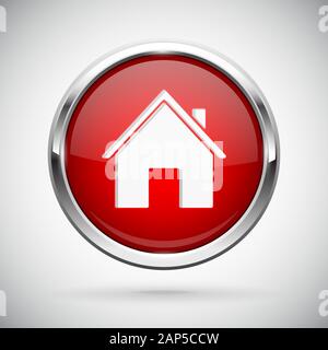 Closed icon. Red shiny 3d button with metal frame and locked home symbol Stock Vector