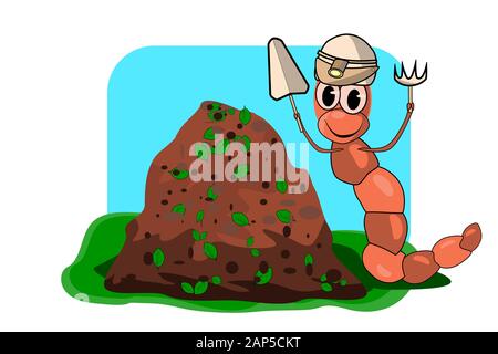 Worm near pile compost isolated on white background. Cartoon earthworm with a shovel. Design label for earthworm, soil, organic fertilizer sale.Vector Stock Vector