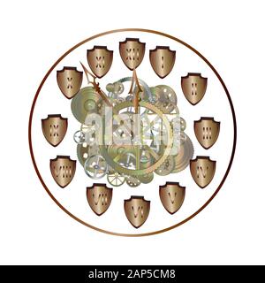 Clock with gold numbers and metal gears on white background. Clock gear mechanism with gold gears. Steampunk style. New Year's at midnight.Vector EPS Stock Vector