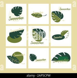 Flat design vector set of logos with exotic leaves. Closeup. The beautiful leaves of Monstera and fern - summer time botany style. Stock Vector