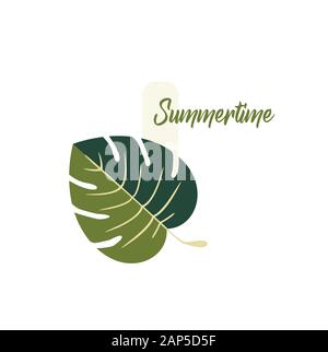 Summer Logo Vector Design - Tropical Monstera Leaf Plant Close-up - Summer Time Stock Vector