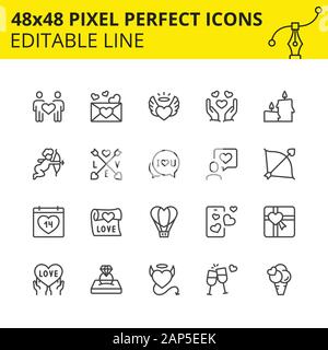 Editable Icons Valentine’s day. Includes Heart, Cupid, Ribbon, Ring etc. Pixel Perfect 48x48, Scaled Set. Vector. Stock Vector