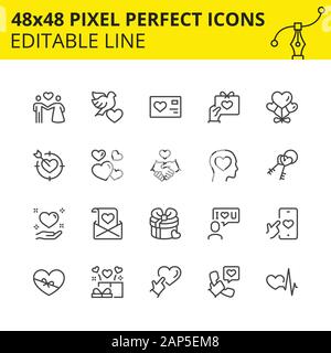 Scaled Icons - Valentine’s Day and Love. Includes Dove, Valentine's card, Ribbon, Heart etc. Pixel Perfect 48x48, Editable Set. Vector. Stock Vector