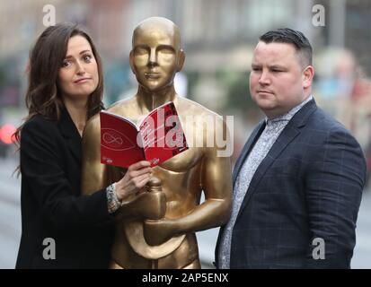 John Connors and Clare Dunne launch the 2020 Virgin Media Dublin International Film Festival programme at St Stephens green in Dublin. Connors features on screen in Broken Law, behind the camera with his documentary Endless Sunshine on a Cloudy Day, and short Innocent Boy, whilst actor/writer Clare Dunne’s debut feature Herself is the Closing Gala. The Festival will welcome a host of stars including Niamh Algar, Orla Brady, Trine Dyrholm, Charlie Kaufman, Barry Keoghan, Bill Nighy, Pawel Pawlikowski and Imogen Poots to Dublin for a 12 day extravaganza of cinema ww.diff.ie. PA Photo. Picture da Stock Photo