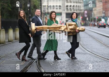 L-R Clare Dunne, John Connors, Niamh O’Driscoll, Head of Brand and Marketing at Virgin Media and Gráinne Humphreys, Festival Director launch the 2020 Virgin Media Dublin International Film Festival programme at St Stephens Green in Dublin. Connors features on screen in Broken Law, behind the camera with his documentary Endless Sunshine on a Cloudy Day, and short Innocent Boy, whilst actor/writer Clare Dunne’s debut feature Herself is the Closing Gala. The Festival will welcome a host of stars including Niamh Algar, Orla Brady, Trine Dyrholm, Charlie Kaufman, Barry Keoghan, Bill Nighy, Pawel Pa Stock Photo