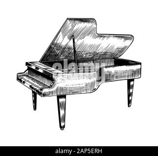 Grand piano in monochrome engraved vintage style. Hand drawn sketch. Musical jazz classical keyboard instrument.  Stock Vector