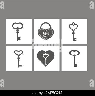 Vector set flat design icons of vintage keys and door locks, keyholes Stock Vector