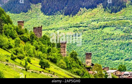 Defensive Svan Towers in Mestia, Georgia Stock Photo