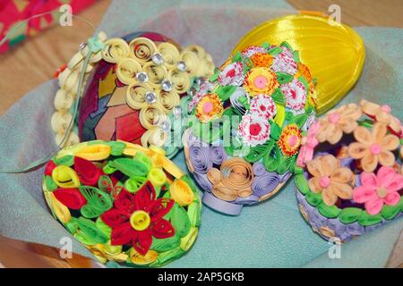 Beautiful Multicolored Easter eggs decorated by hand Stock Photo
