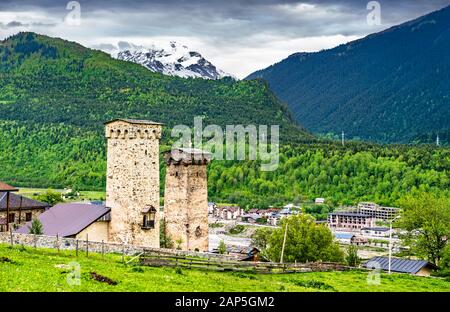 Defensive Svan Towers in Mestia, Georgia Stock Photo