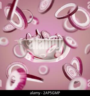 Set of flying red onion rings dropping over background Stock Photo