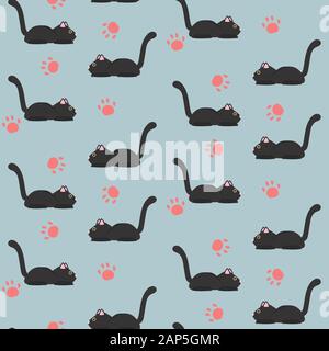 Seamless hand drawn black cat and footprint pattern. Cute animal cartoon repeat background vector illustration. Stock Vector