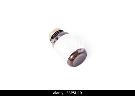 Blank amber glass pill can with white label mock up, Stock Photo